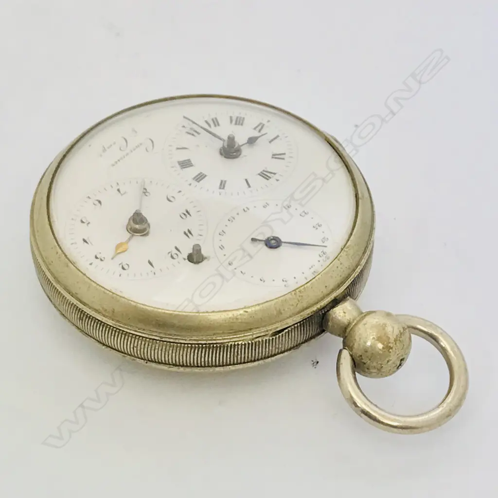 Rare French triple dial 'Courvoisier & Comp' nickel case pocket watch, Image 1++