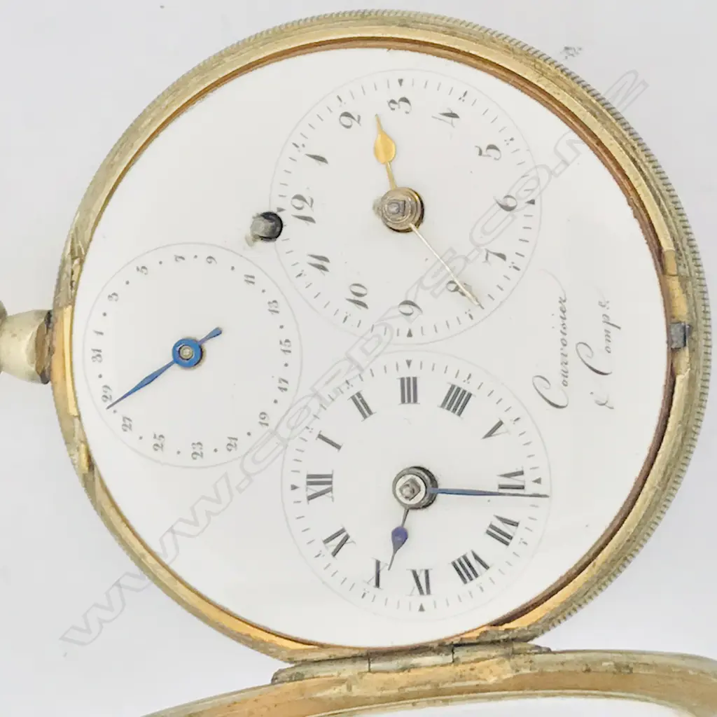 Rare French triple dial 'Courvoisier & Comp' nickel case pocket watch, Image 1++