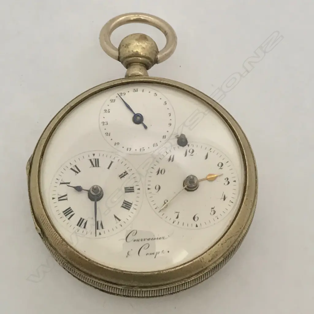 Rare French triple dial 'Courvoisier & Comp' nickel case pocket watch, Image 1++