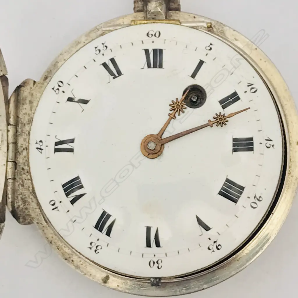 French early 19thC silver pocket watch, the case stamped DHD in a diamond with number 19338. Image 1++