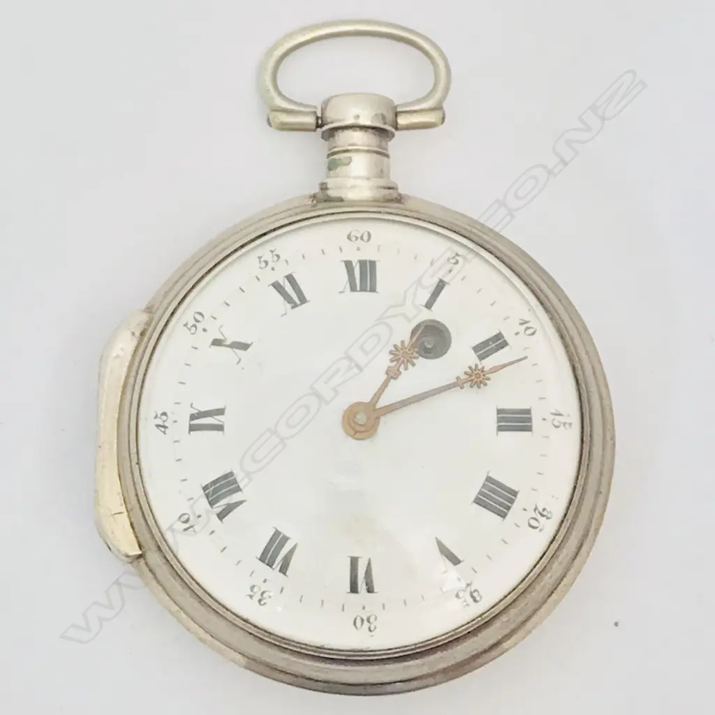 French early 19thC silver pocket watch, the case stamped DHD in a diamond with number 19338. Image 1++
