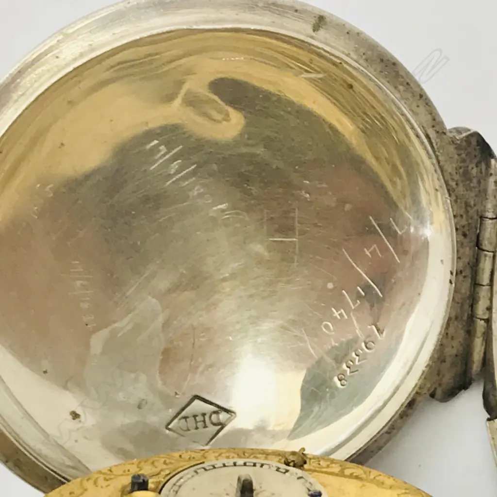 French early 19thC silver pocket watch, the case stamped DHD in a diamond with number 19338. Image 1++