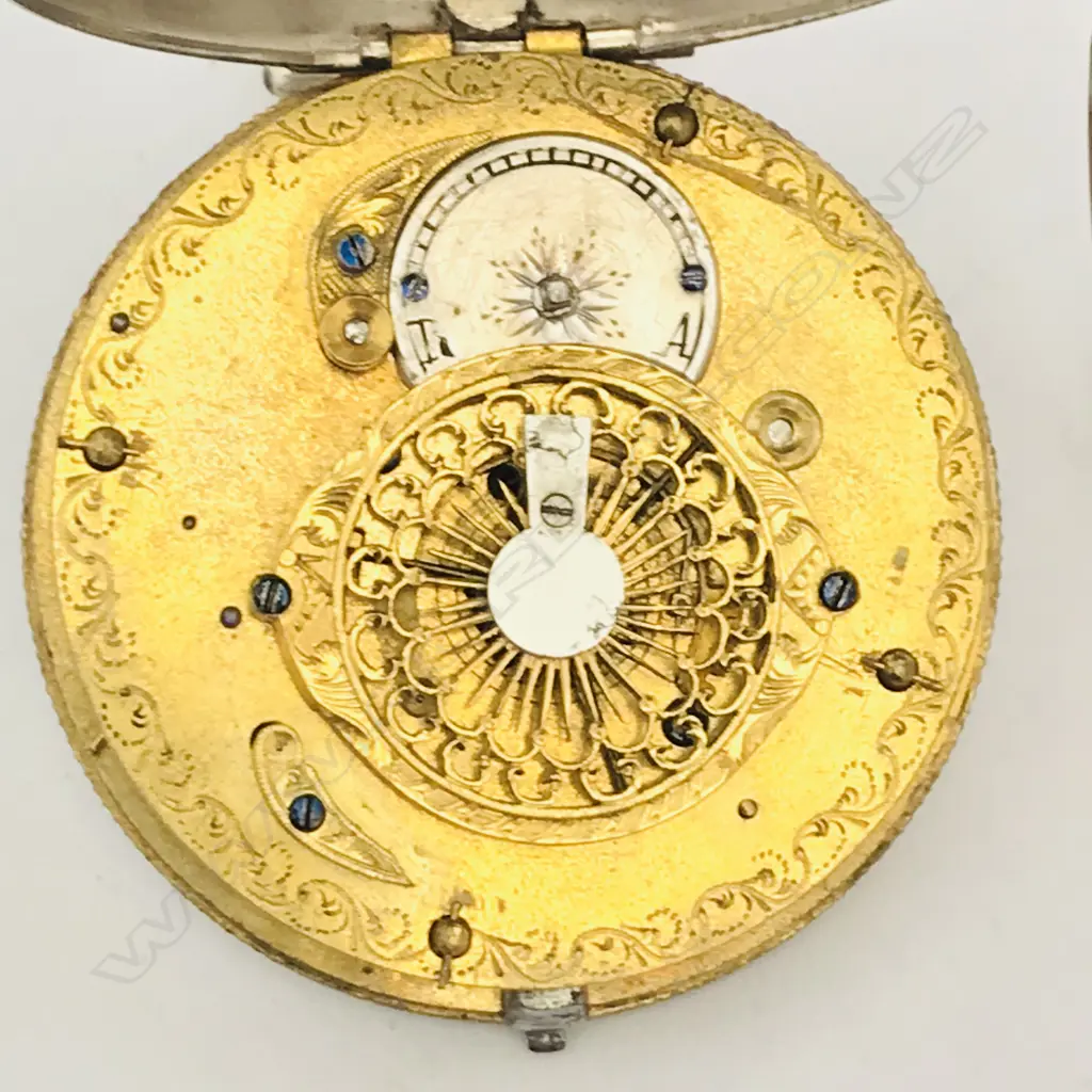 French early 19thC silver pocket watch, the case stamped DHD in a diamond with number 19338. Image 1++