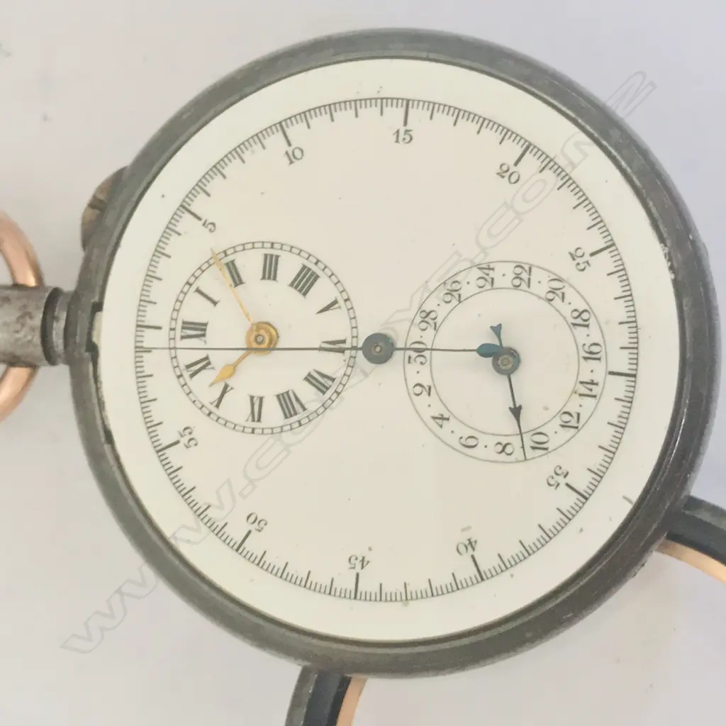 Gunmetal cased, open face, centre seconds chronograph, Swiss lever movement, Image 1++