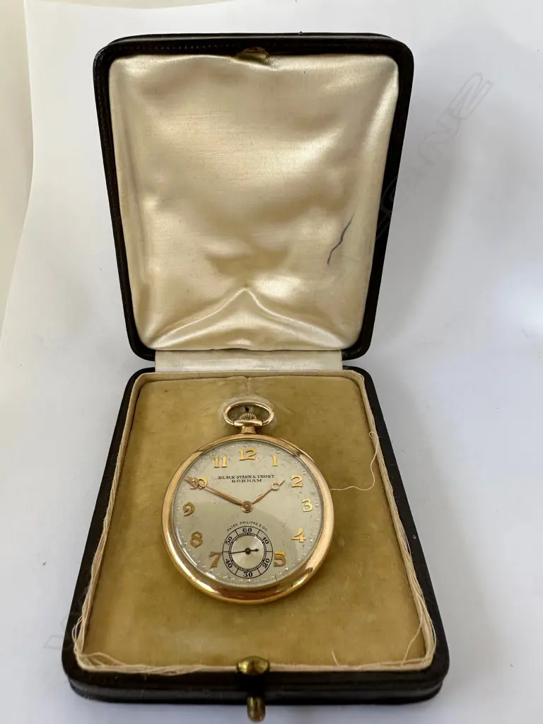18ct Gold slim dress style Pocket Watch , with movement by Patek Philippe & Co for Black, Starr & Frost, Gorham. Number 809036. Image 1++