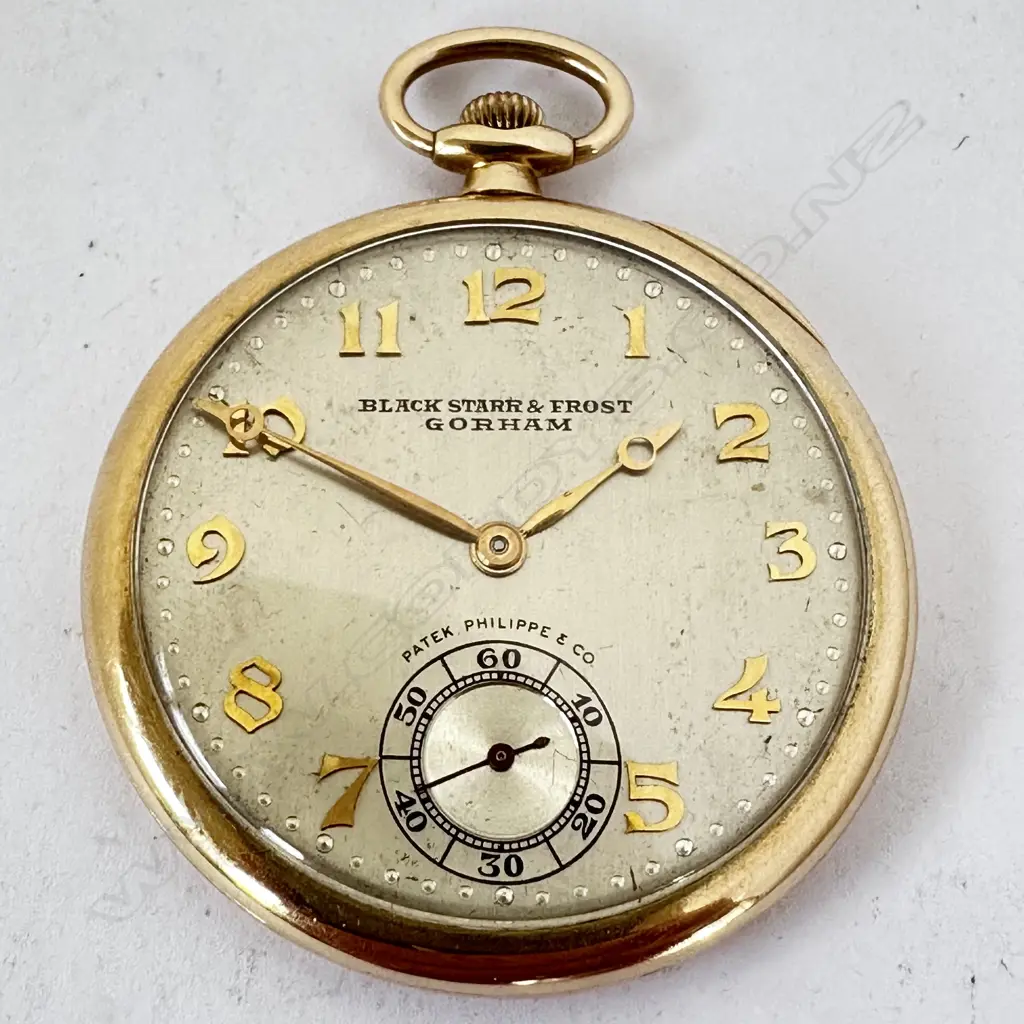 18ct Gold slim dress style Pocket Watch , with movement by Patek Philippe & Co for Black, Starr & Frost, Gorham. Number 809036. Image 1++