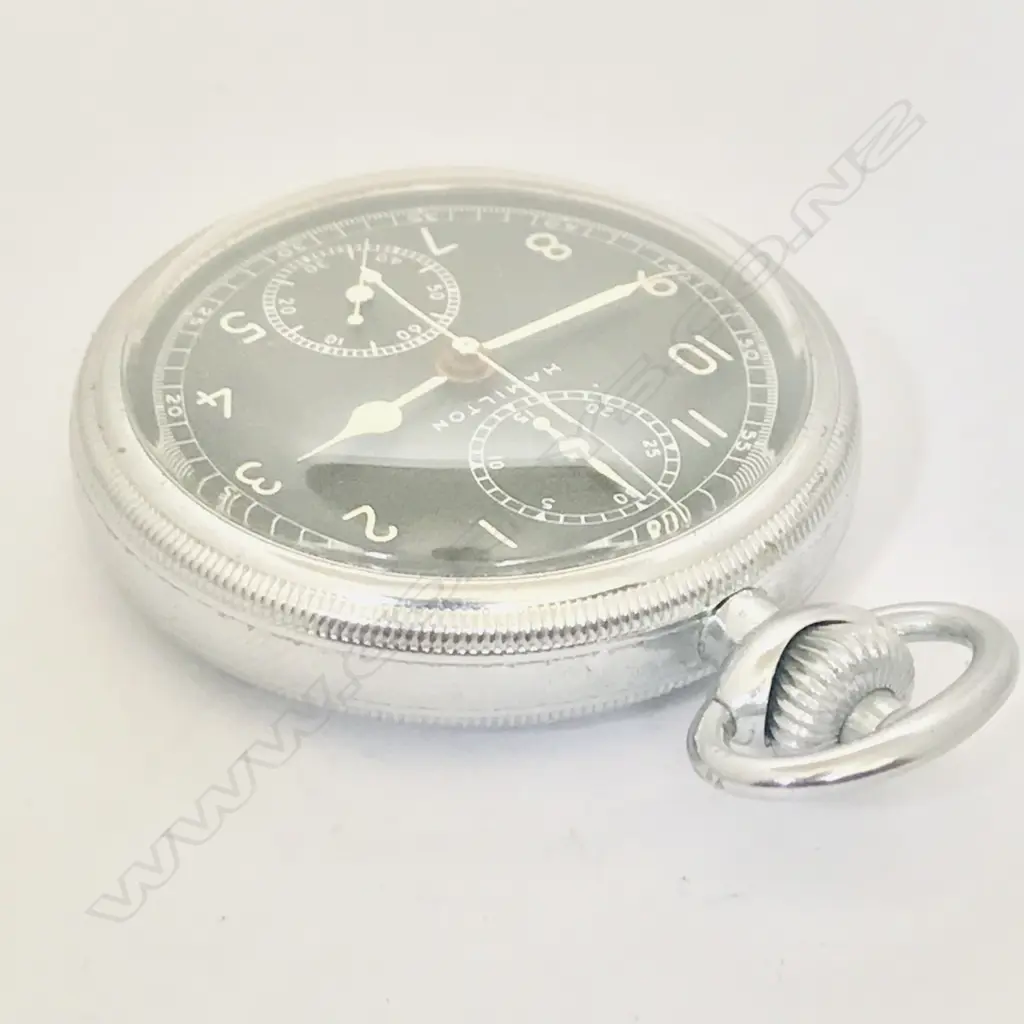 WWII military, nickel cased, open face navigational chronograph pocket watch by Hamilton Watch Co. AN5742-1. Image 1++