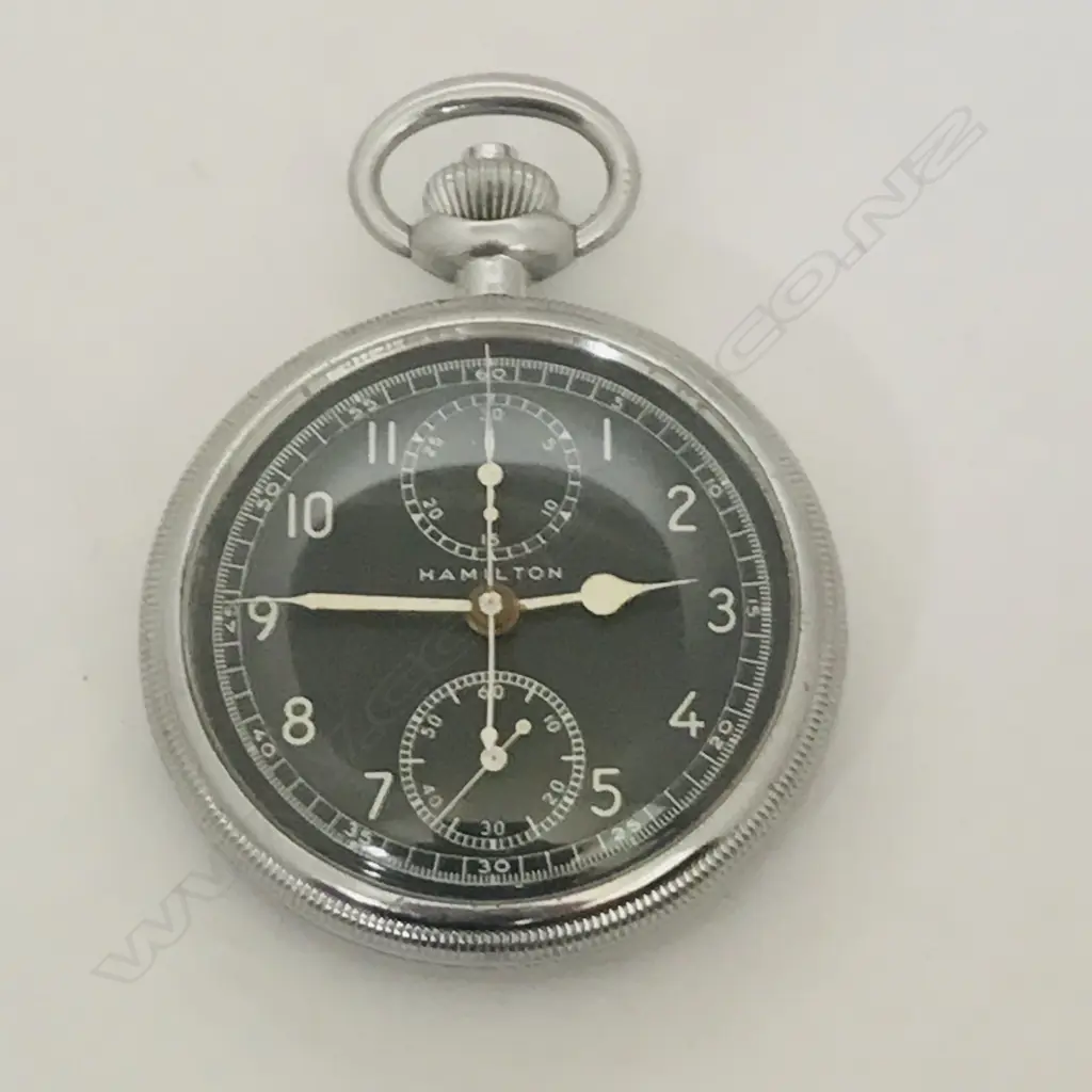 WWII military, nickel cased, open face navigational chronograph pocket watch by Hamilton Watch Co. AN5742-1. Image 1++
