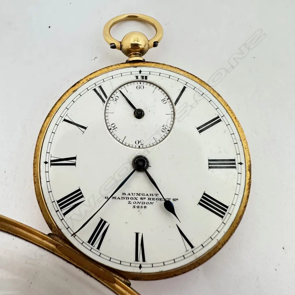 Victorian 18ct gold open face, duplex pocket watch by Baumgart, London, number 3258 Image 1++