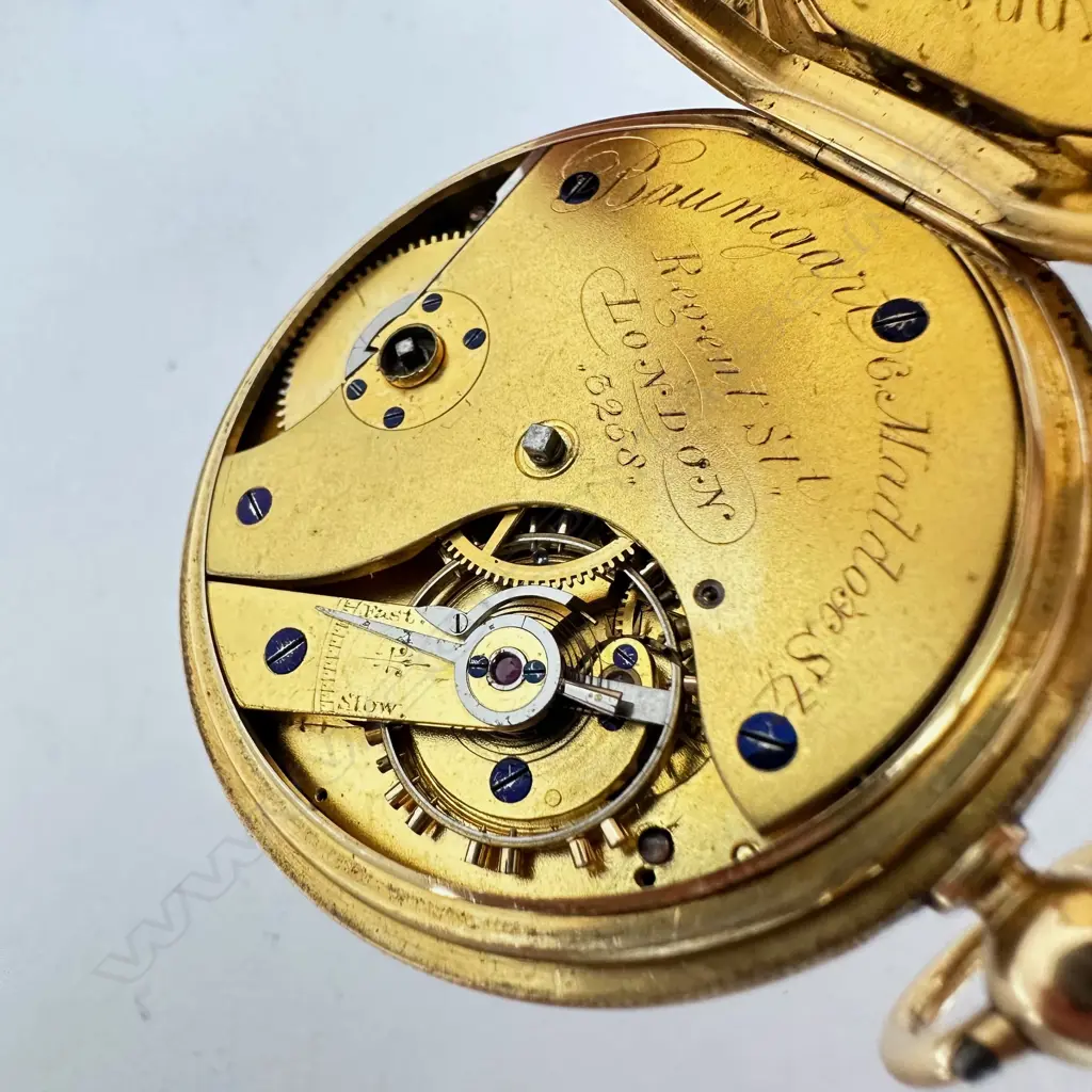 Victorian 18ct gold open face, duplex pocket watch by Baumgart, London, number 3258 Image 1++