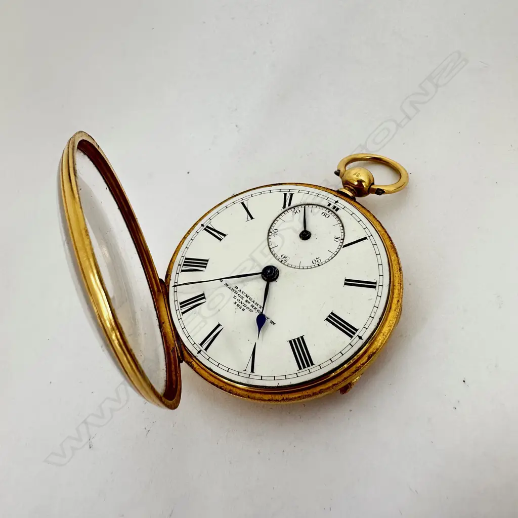 Victorian 18ct gold open face, duplex pocket watch by Baumgart, London, number 3258 Image 1++