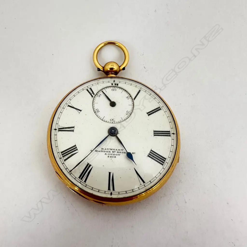 Victorian 18ct gold open face, duplex pocket watch by Baumgart, London, number 3258 Image 1++