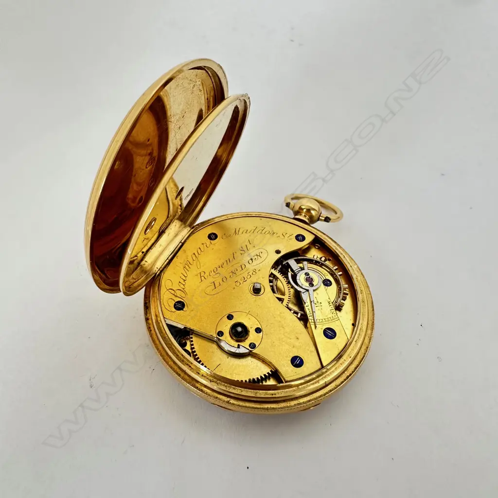 Victorian 18ct gold open face, duplex pocket watch by Baumgart, London, number 3258 Image 1++