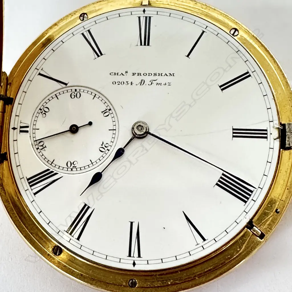 18ct gold half hunter, keyless, fusée pocket watch by Charles Frodsham & Co, number 02034. Image 1++