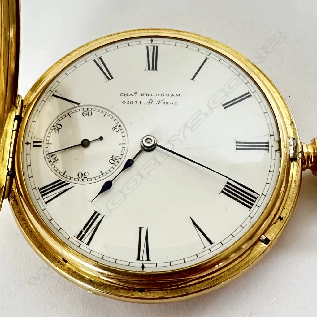 18ct gold half hunter, keyless, fusée pocket watch by Charles Frodsham & Co, number 02034. Image 1++