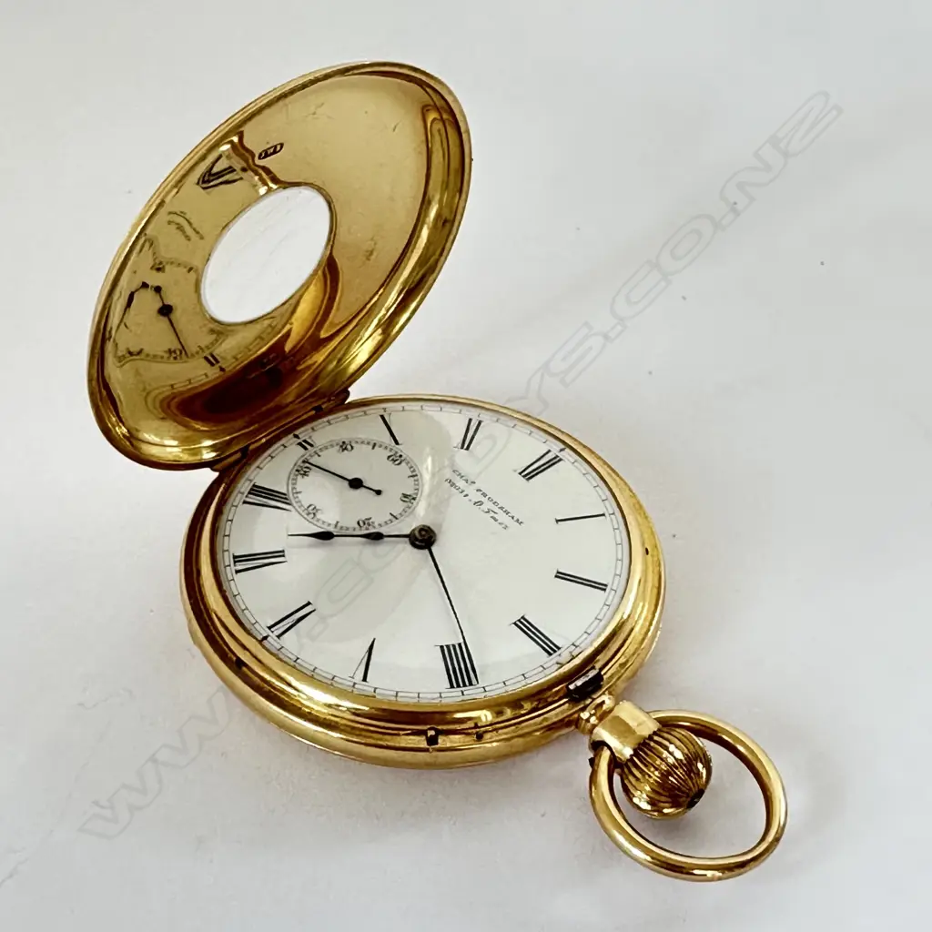 18ct gold half hunter, keyless, fusée pocket watch by Charles Frodsham & Co, number 02034. Image 1++