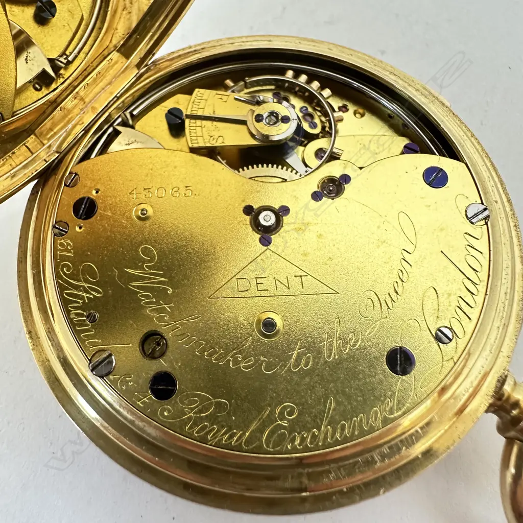 High calibre minute repeater, 18ct gold half hunter pocket watch by Dent, London, number 43065. Image 1++