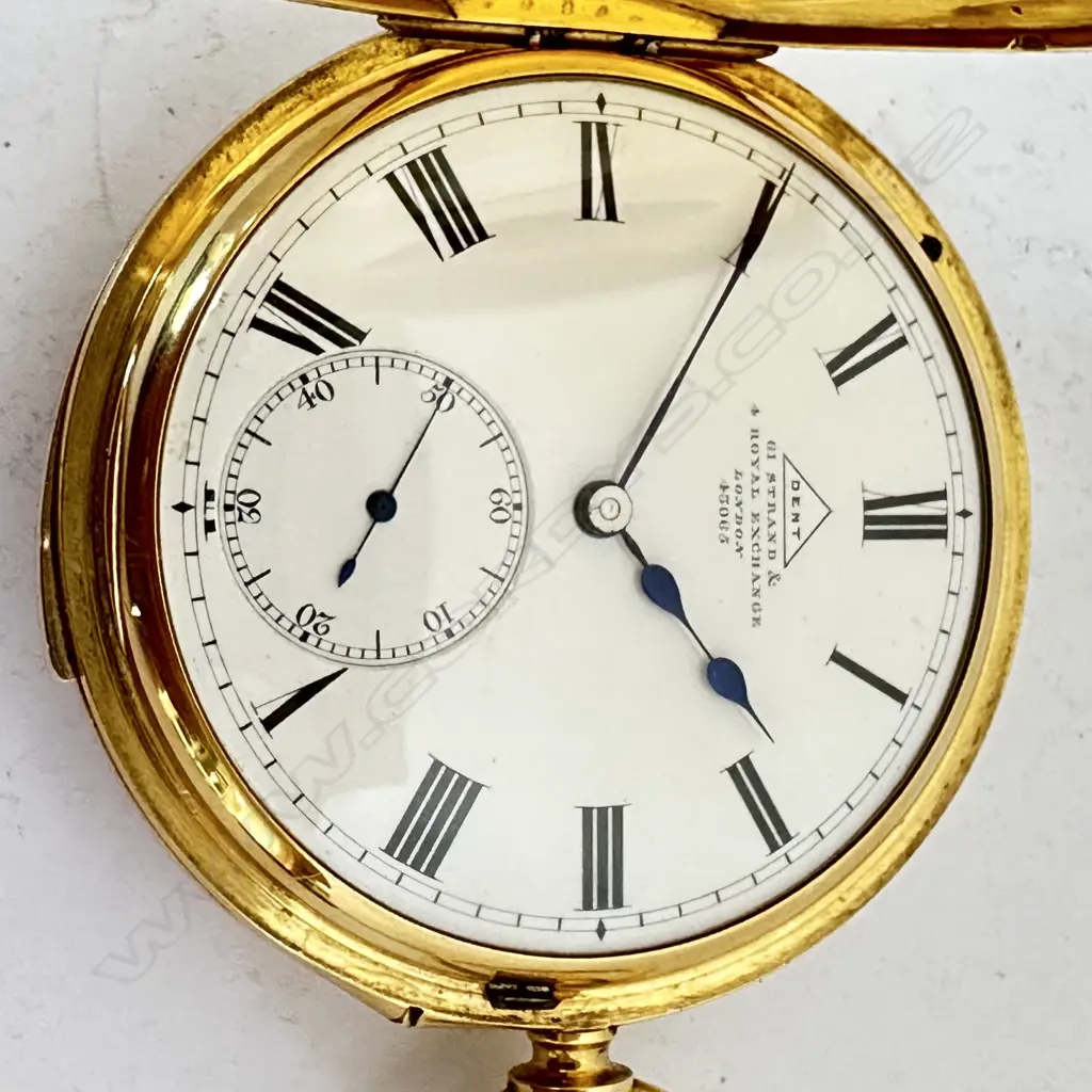 High calibre minute repeater, 18ct gold half hunter pocket watch by Dent, London, number 43065. Image 1++