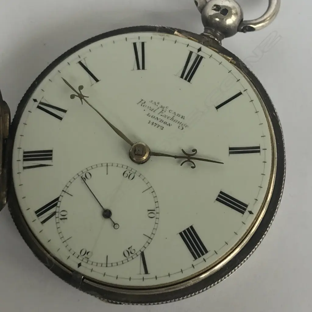 William IV silver, open face, cylinder pocket watch by Jas McCabe, Royal Exchange, London, number 14772. Image 1++