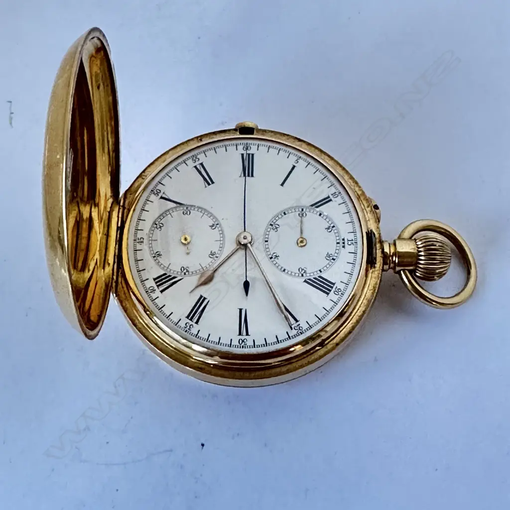 18ct gold hunter chronograph pocket watch by J.W. Benson, number 266755 Image 1++