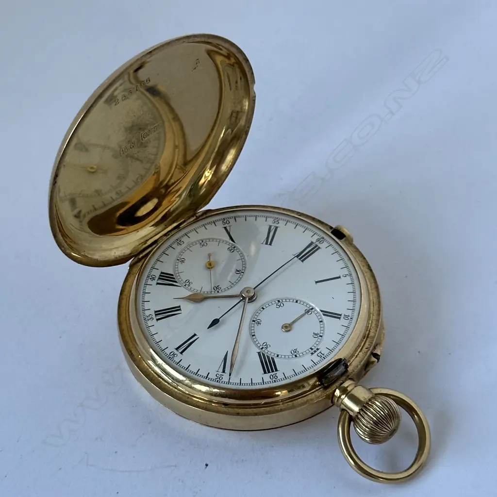 18ct gold hunter chronograph pocket watch by J.W. Benson, number 266755 Image 1++