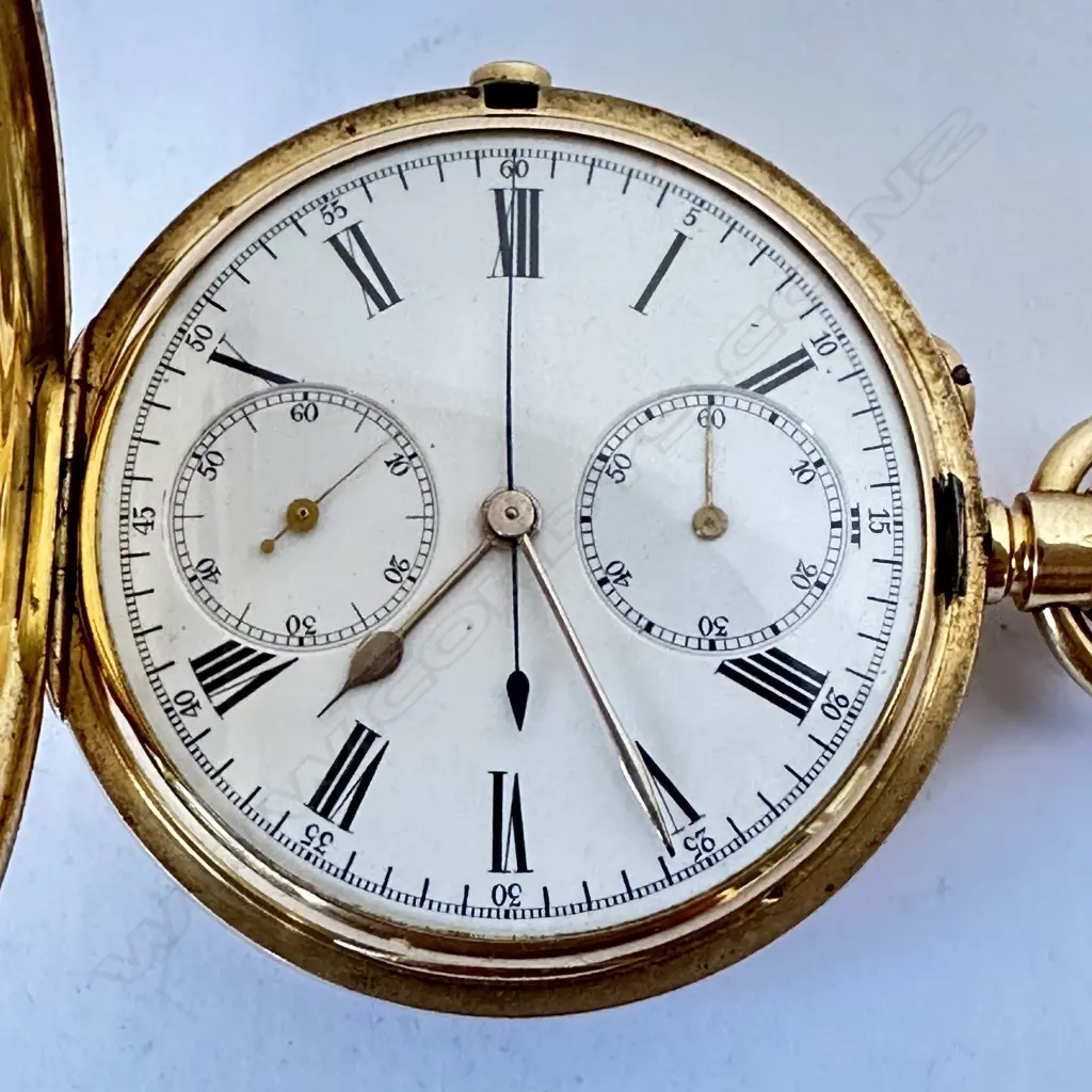 18ct gold hunter chronograph pocket watch by J.W. Benson, number 266755 Image 1++