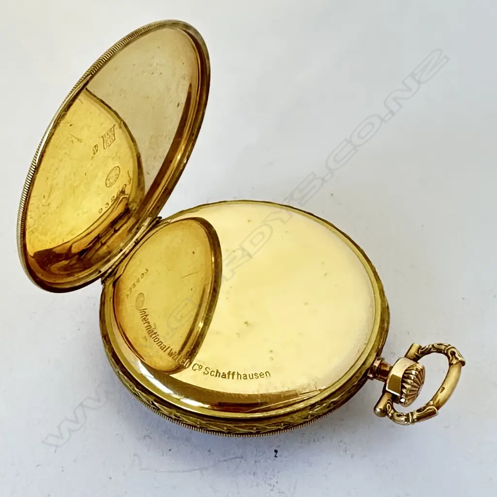 Art Deco dress style 14ct gold open face pocket watch, by International Watch Co, (IWC) Schaffhausen, number 899499. Image 1++