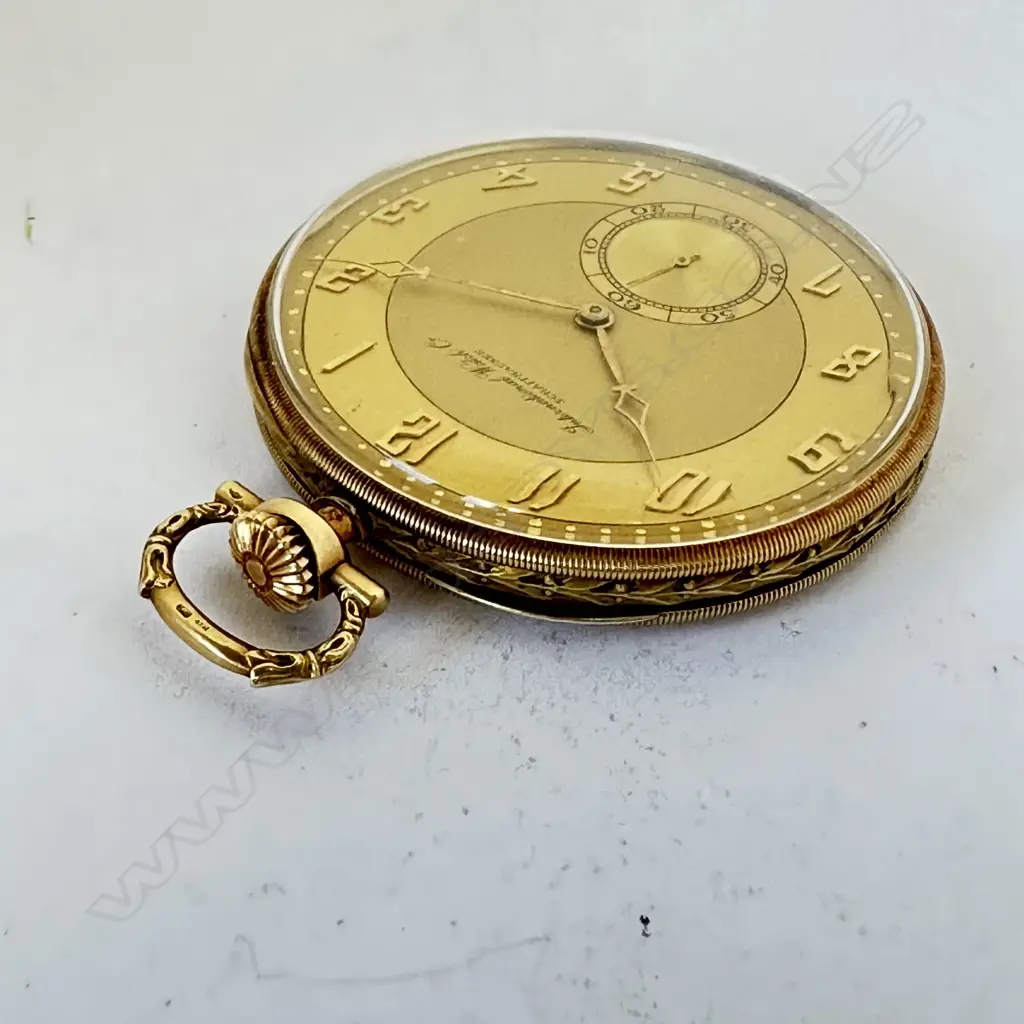 Art Deco dress style 14ct gold open face pocket watch, by International Watch Co, (IWC) Schaffhausen, number 899499. Image 1++