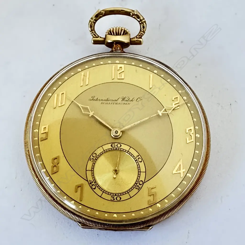 Art Deco dress style 14ct gold open face pocket watch, by International Watch Co, (IWC) Schaffhausen, number 899499. Image 1++