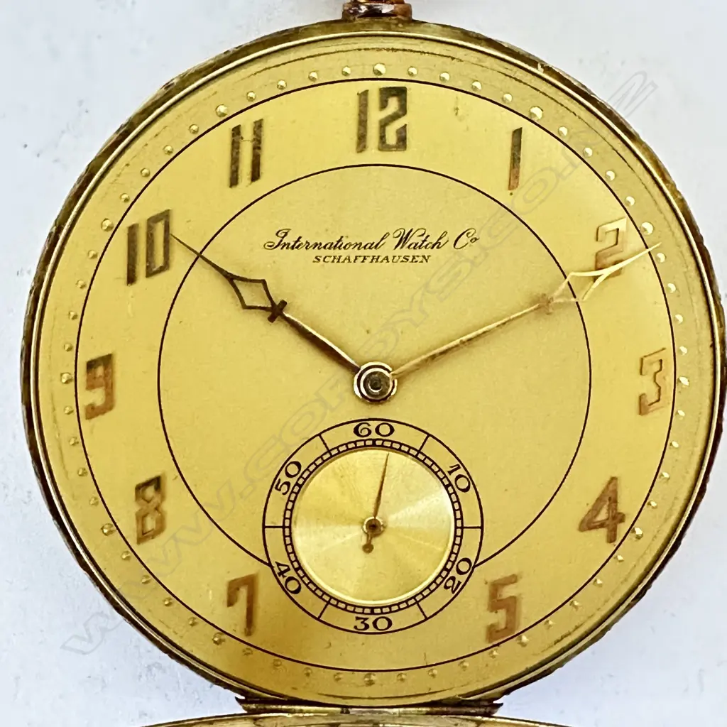 Art Deco dress style 14ct gold open face pocket watch, by International Watch Co, (IWC) Schaffhausen, number 899499. Image 1++