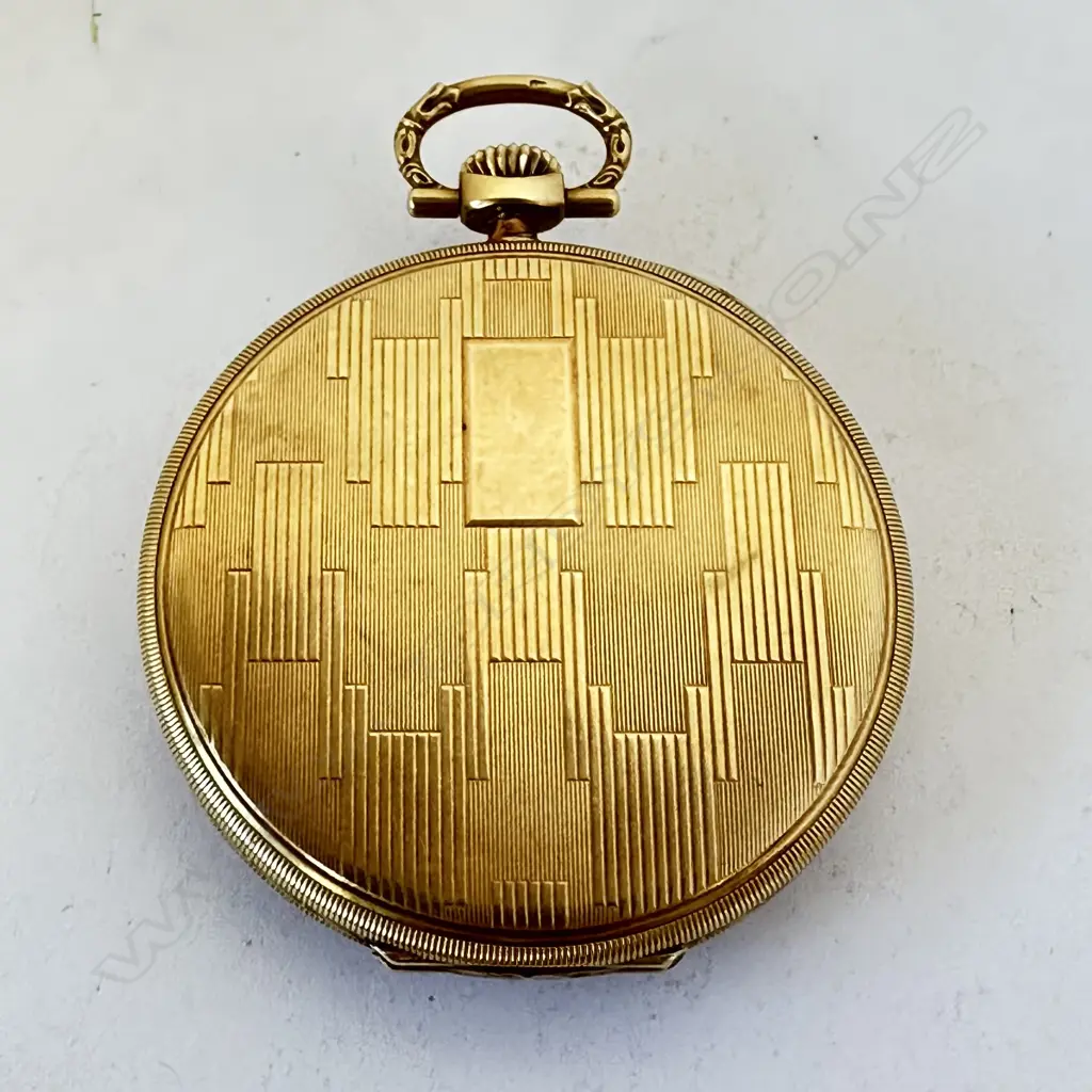 Art Deco dress style 14ct gold open face pocket watch, by International Watch Co, (IWC) Schaffhausen, number 899499. Image 1++