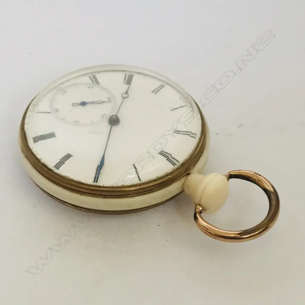 Late 19thC open face pocket watch with ivory back and band, Image 1++