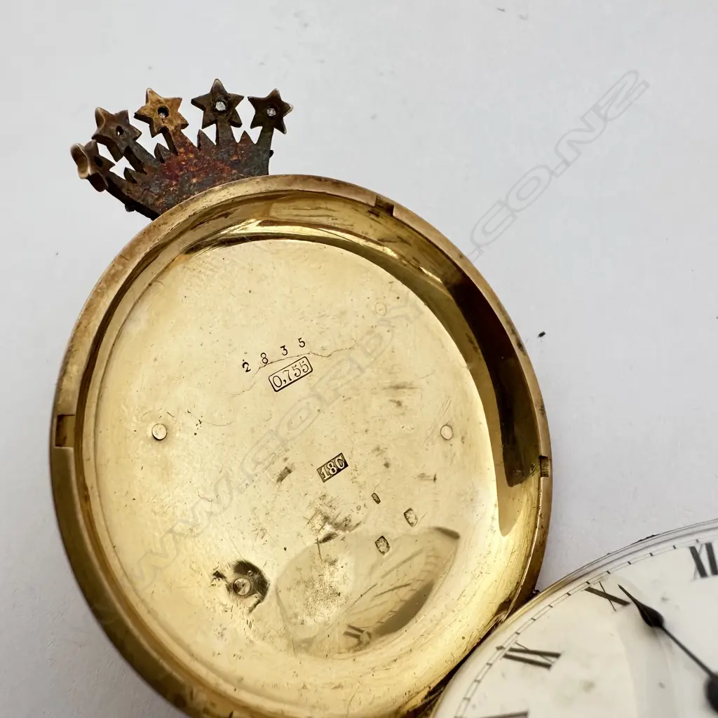 Swiss 18ct gold hunter cased, minute repeater pocket watch, with a jewelled celestial coronet guarding the winder and jewelled monogram to the cover. Image 1++