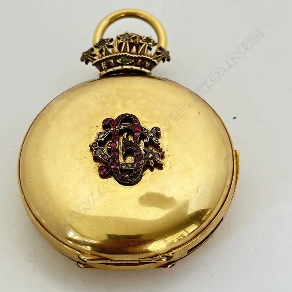 Swiss 18ct gold hunter cased, minute repeater pocket watch, with a jewelled celestial coronet guarding the winder and jewelled monogram to the cover. Image 1++
