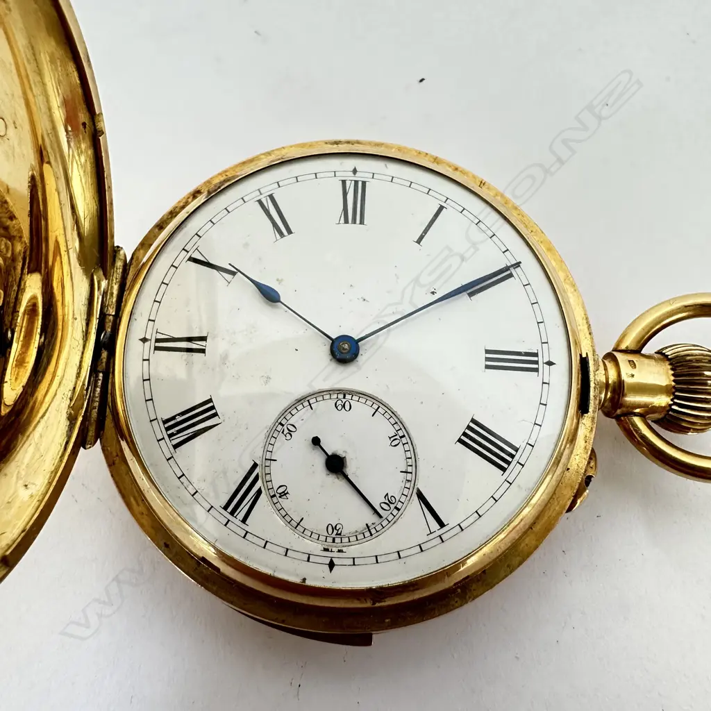 Swiss 18ct gold hunter cased, minute repeater pocket watch, with a jewelled celestial coronet guarding the winder and jewelled monogram to the cover. Image 1++