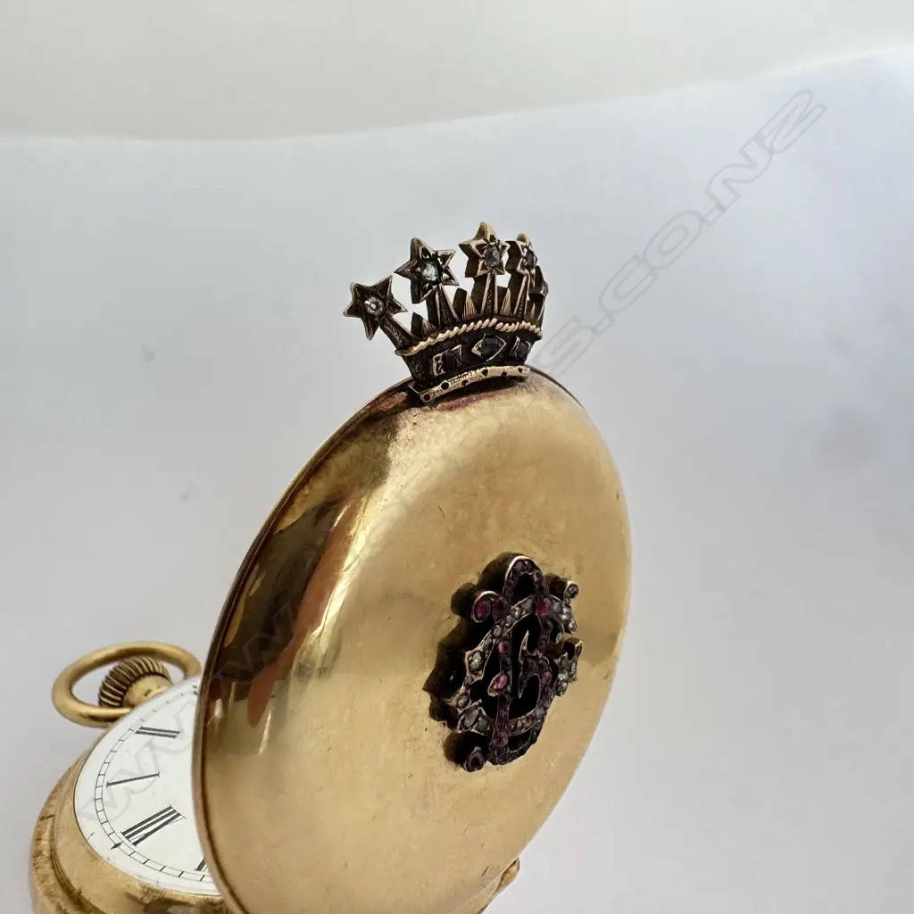 Swiss 18ct gold hunter cased, minute repeater pocket watch, with a jewelled celestial coronet guarding the winder and jewelled monogram to the cover. Image 1++