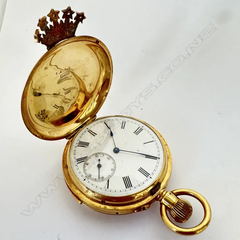 Swiss 18ct gold hunter cased, minute repeater pocket watch, with a jewelled celestial coronet guarding the winder and jewelled monogram to the cover. Image 1++