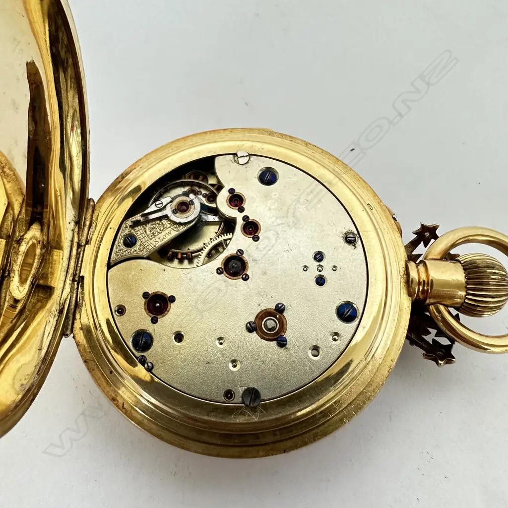 Swiss 18ct gold hunter cased, minute repeater pocket watch, with a jewelled celestial coronet guarding the winder and jewelled monogram to the cover. Image 1++
