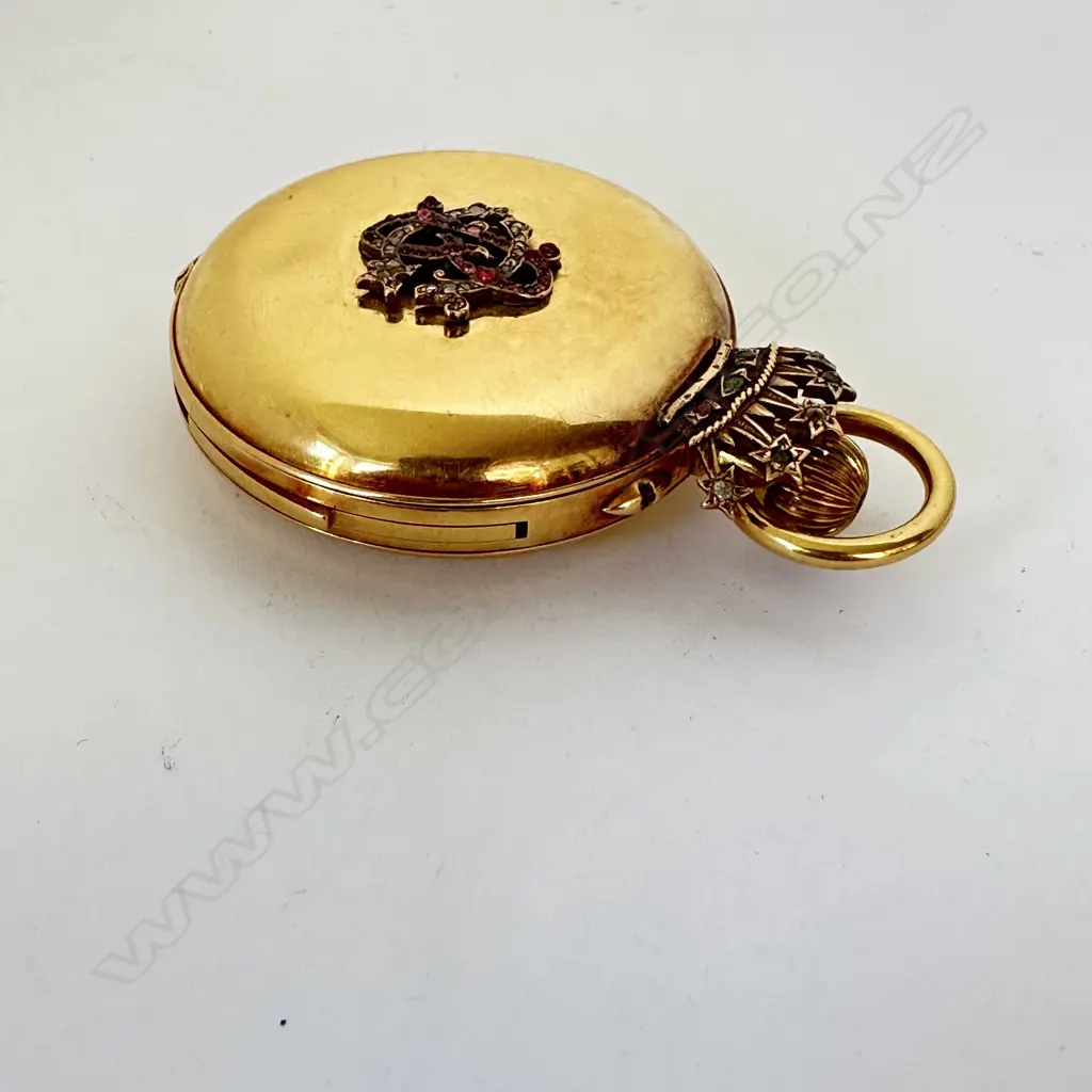 Swiss 18ct gold hunter cased, minute repeater pocket watch, with a jewelled celestial coronet guarding the winder and jewelled monogram to the cover. Image 1++