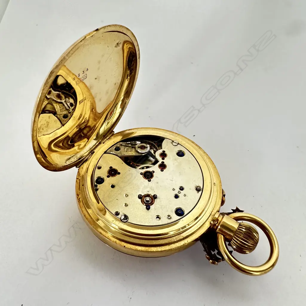 Swiss 18ct gold hunter cased, minute repeater pocket watch, with a jewelled celestial coronet guarding the winder and jewelled monogram to the cover. Image 1++