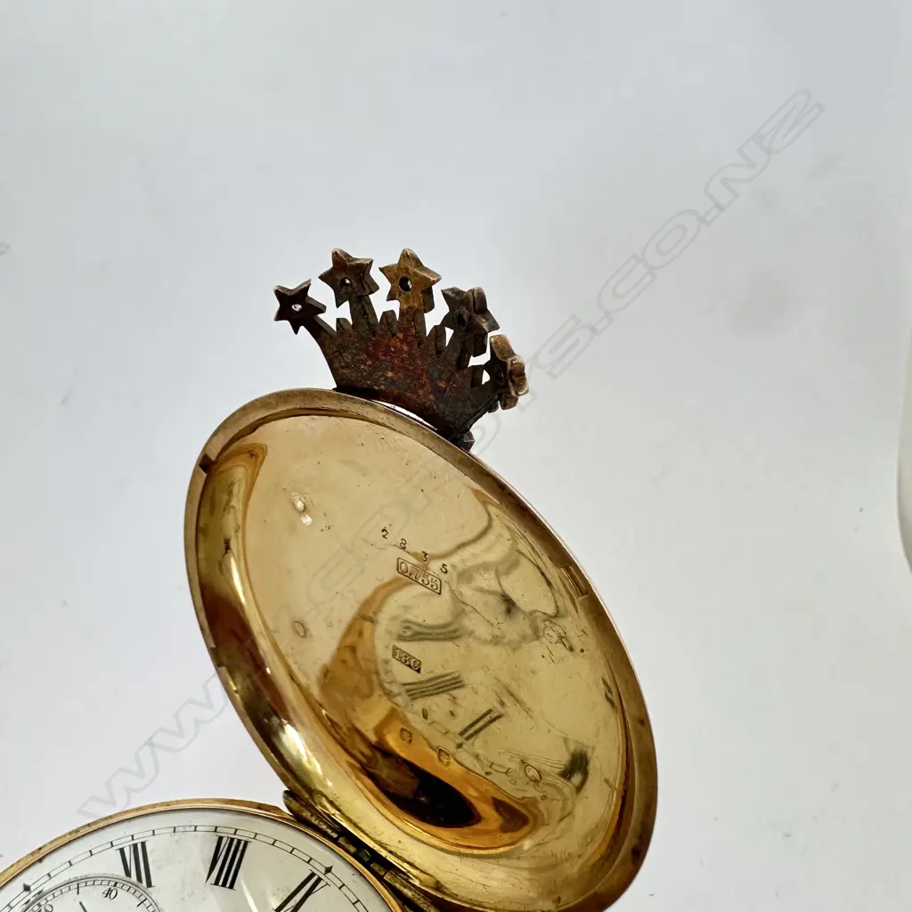 Swiss 18ct gold hunter cased, minute repeater pocket watch, with a jewelled celestial coronet guarding the winder and jewelled monogram to the cover. Image 1++