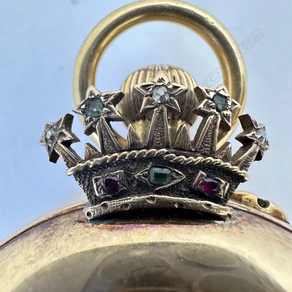 Swiss 18ct gold hunter cased, minute repeater pocket watch, with a jewelled celestial coronet guarding the winder and jewelled monogram to the cover. Image 1++