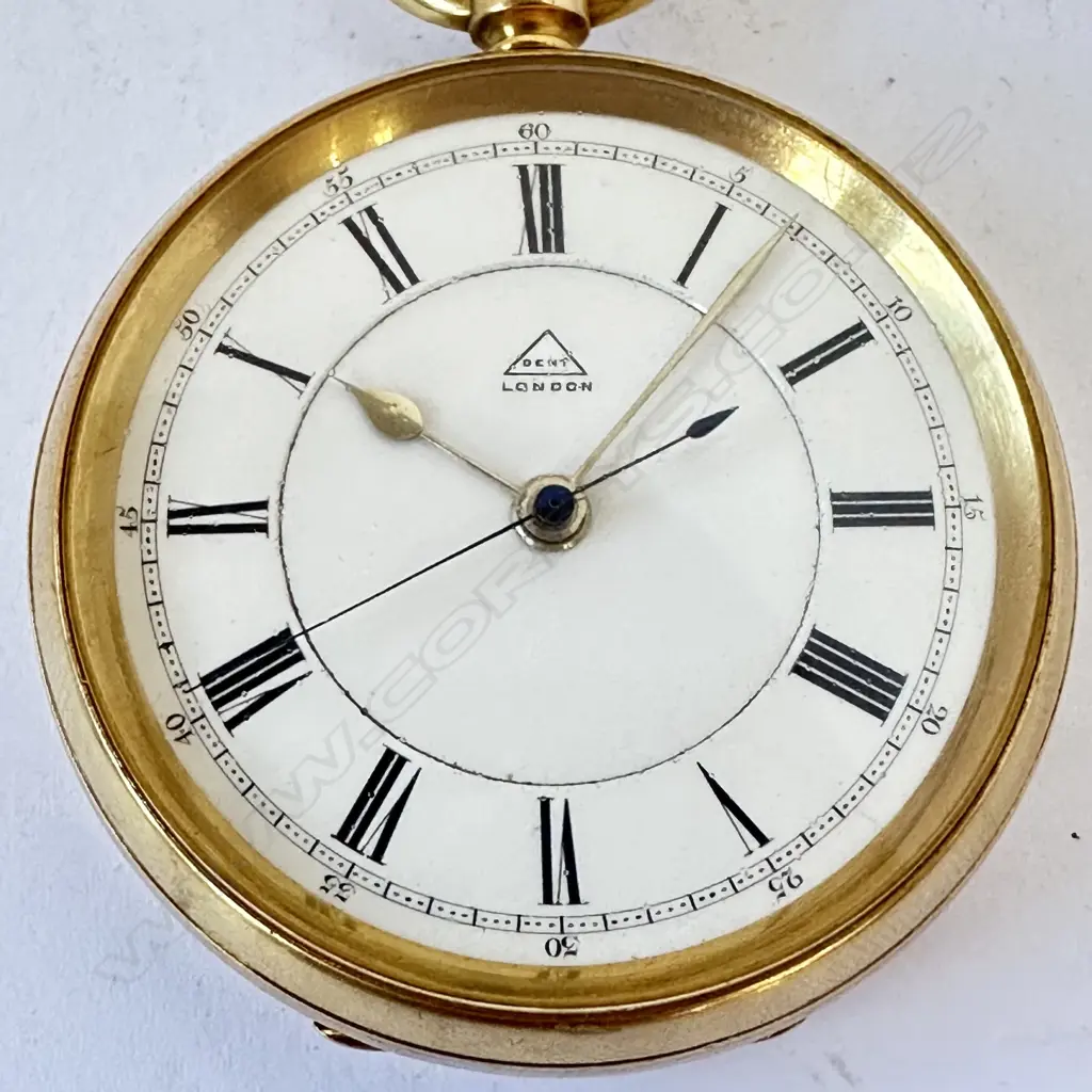 18ct gold open face, centre seconds, pocket watch by Dent, London, number 53658, Image 1++