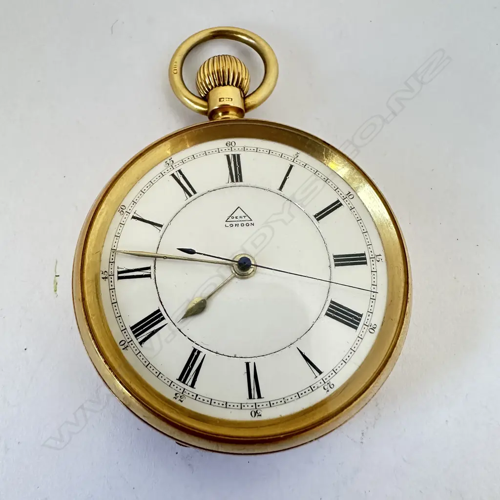 18ct gold open face, centre seconds, pocket watch by Dent, London, number 53658, Image 1++