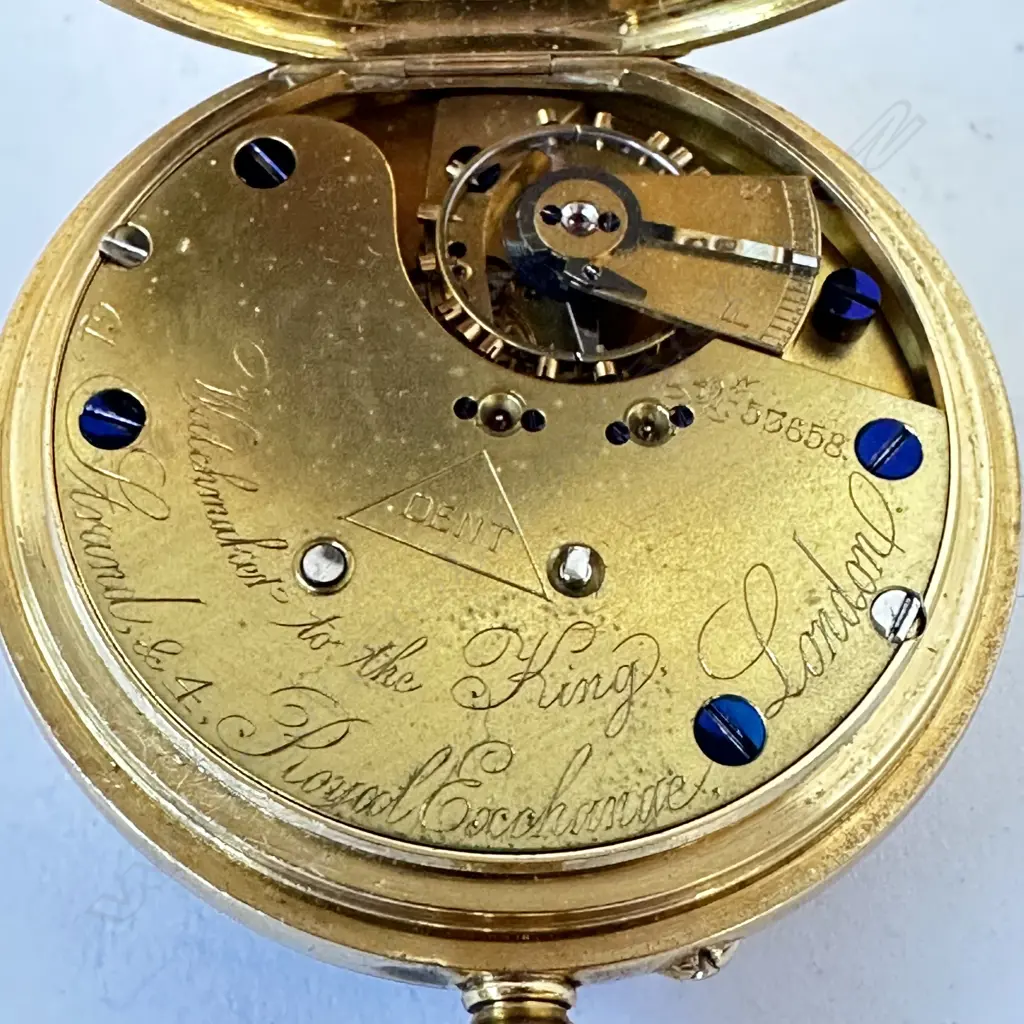 18ct gold open face, centre seconds, pocket watch by Dent, London, number 53658, Image 1++