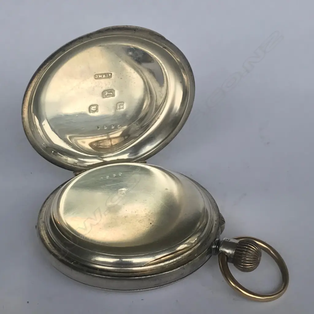 Late Victorian silver half hunter pocket watch, by J. W. Benson, London, in original named blue linen box. Image 1++