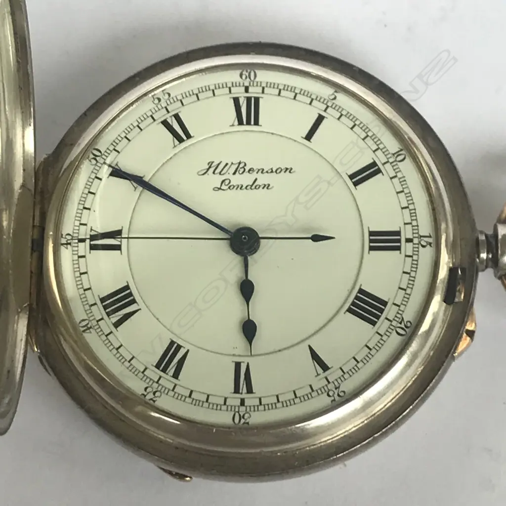 Late Victorian silver half hunter pocket watch, by J. W. Benson, London, in original named blue linen box. Image 1++