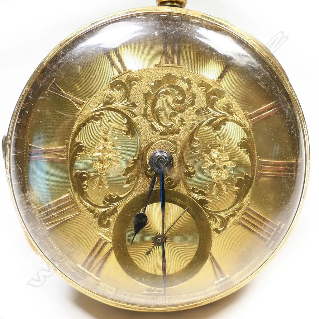 A 19thC decoratively engraved 18ct gold open face pocket watch, Image 1++