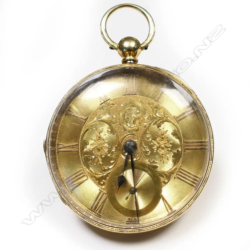 A 19thC decoratively engraved 18ct gold open face pocket watch, Image 1++