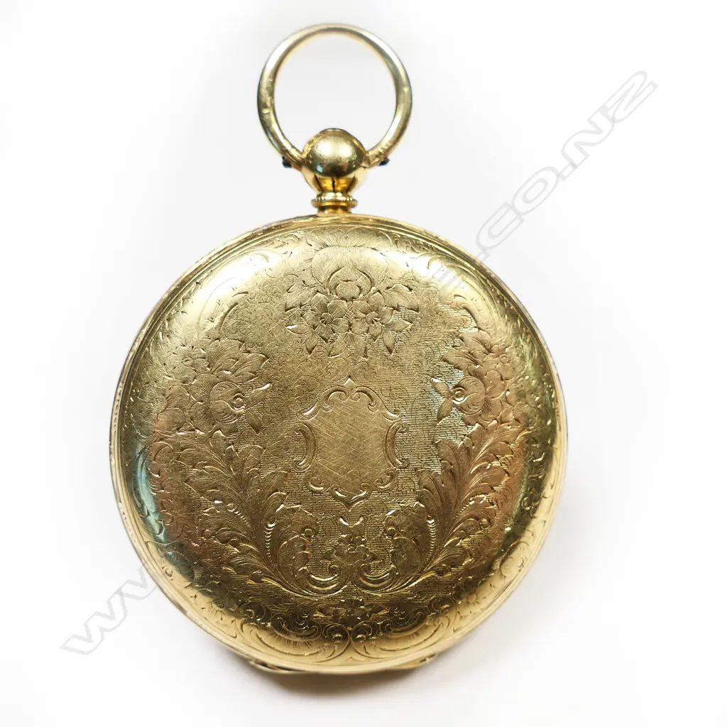 A 19thC decoratively engraved 18ct gold open face pocket watch, Image 1++